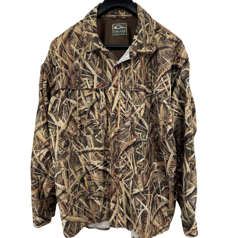 Drake Waterfowl Hunting Shirt Mens XL Camo Mossy Oak Shadow Grass Blades Vented